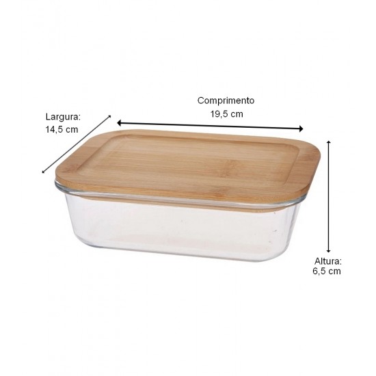 Porta Mantimento 1 Litro 19,5cm Comprimento Por 14,5cm Largura Retangular Em Vidro Borossilicato Com Tampa Bambu